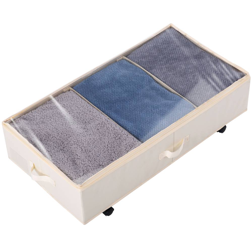 Woodluv Underbed Storage Basket, Foldable Organizer with Zip - Beige