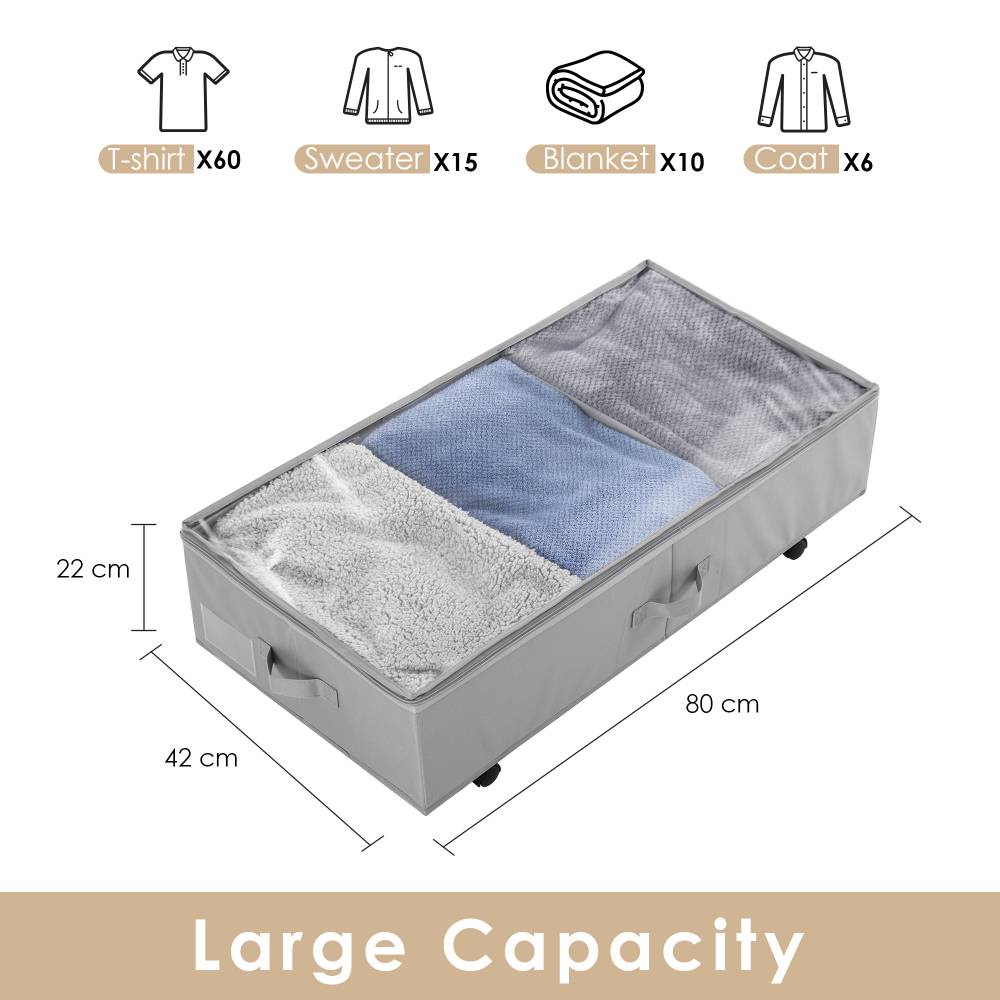 Woodluv Underbed Storage Basket, Foldable Organizer with Zip - Grey