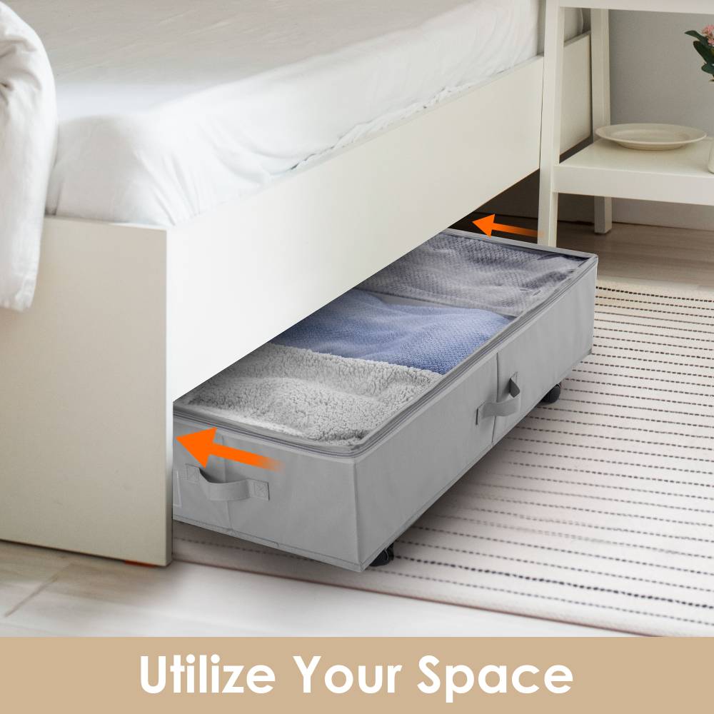 Woodluv Underbed Storage Basket, Foldable Organizer with Zip - Grey