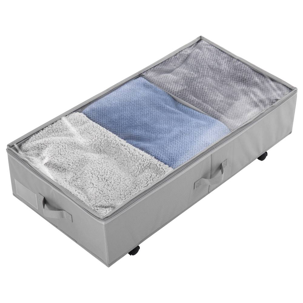 Woodluv Underbed Storage Basket, Foldable Organizer with Zip - Grey