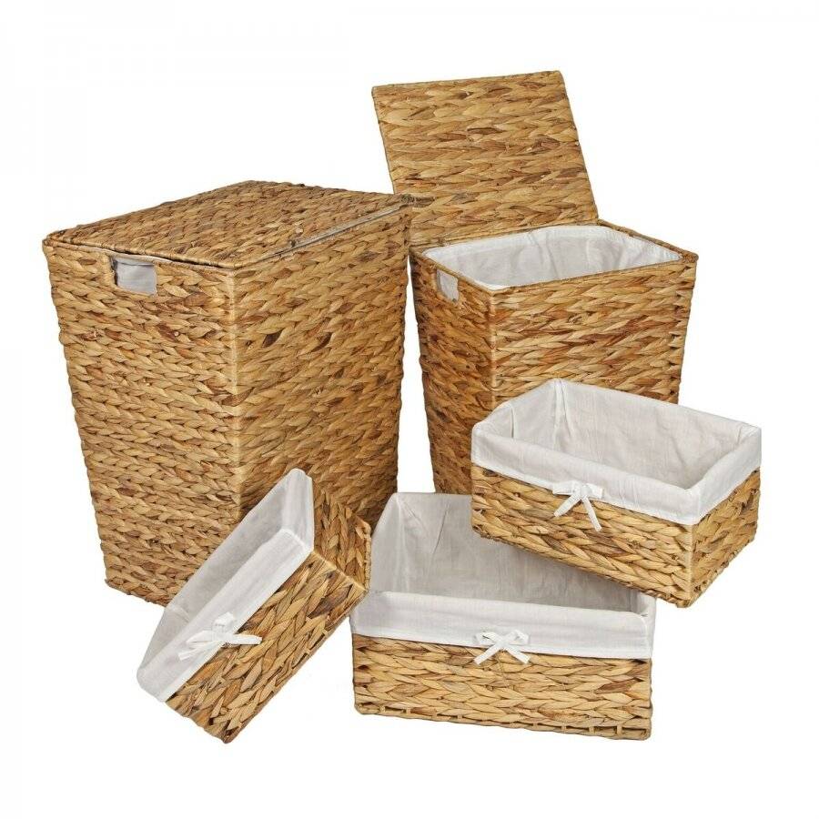 Woodluv Water Hyacinth Set of 5 Laundry and Storage Basket With Lining