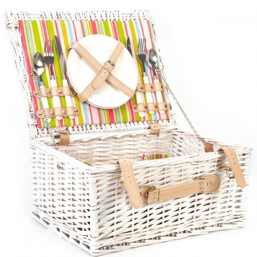 Woodluv White Antique Picnic Wicker Basket For 2 Persons With Handle