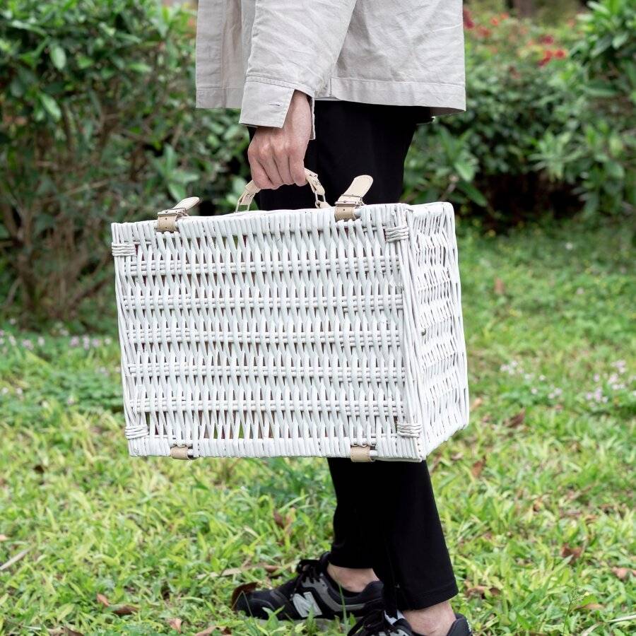 Woodluv White Antique Picnic Wicker Basket For 2 Persons With Handle