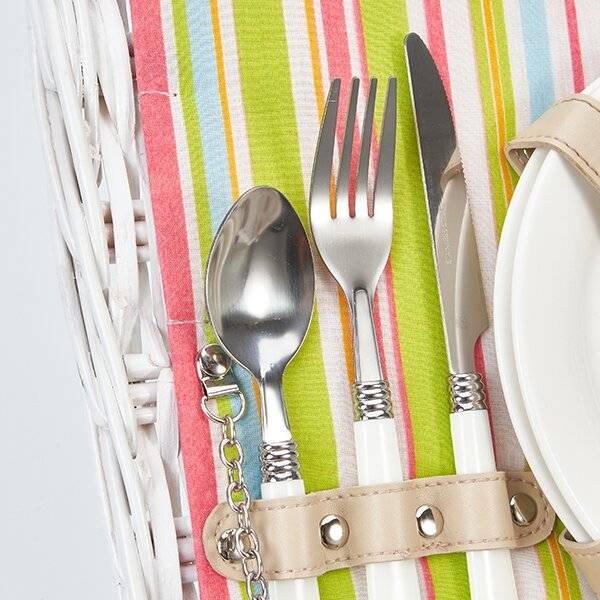 Woodluv White Antique Picnic Wicker Basket For 2 Persons With Handle
