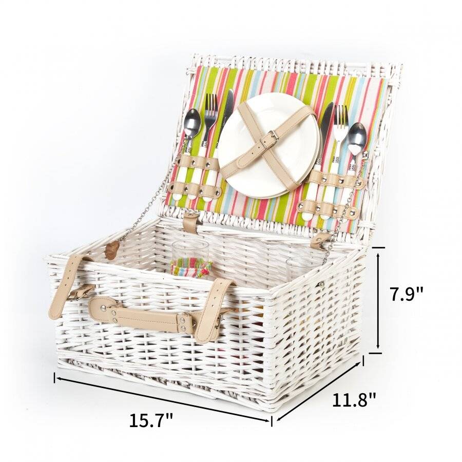 Woodluv White Antique Picnic Wicker Basket For 2 Persons With Handle