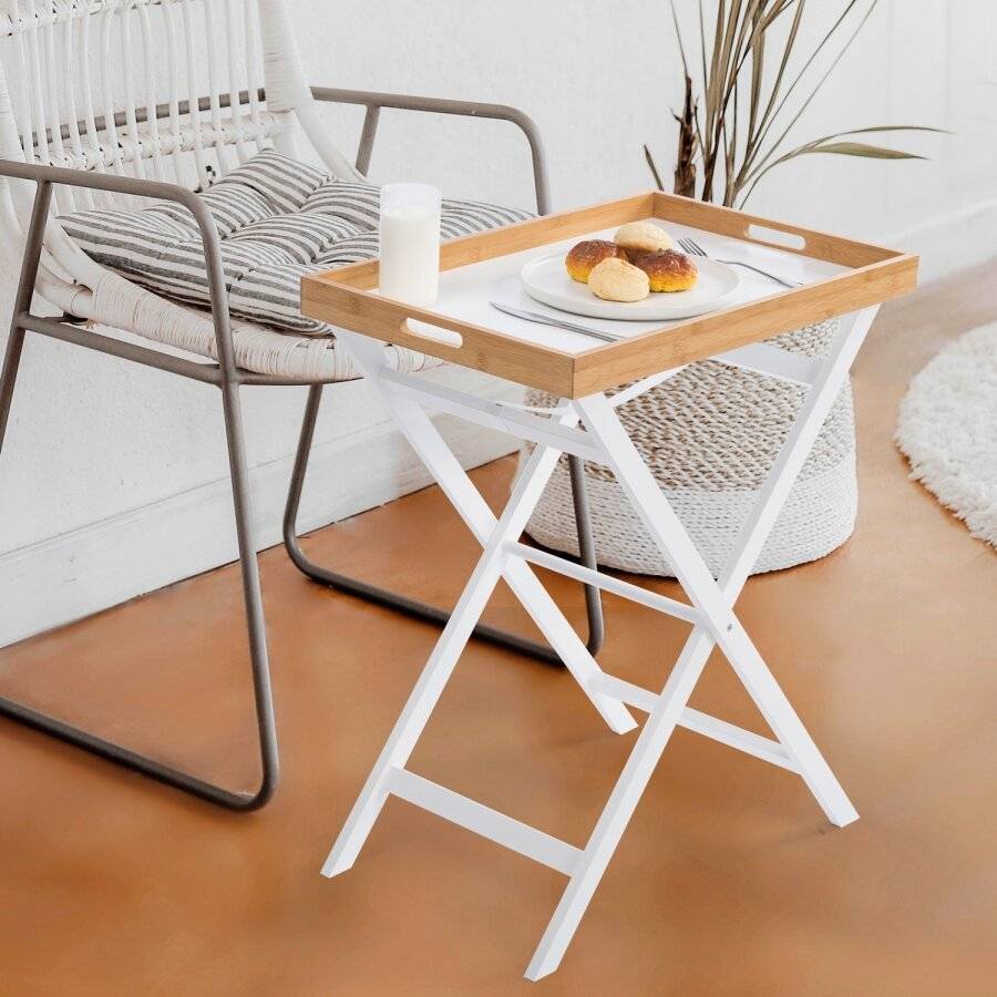 White Bamboo Foldable Butler Tray Table - With Removable Tray