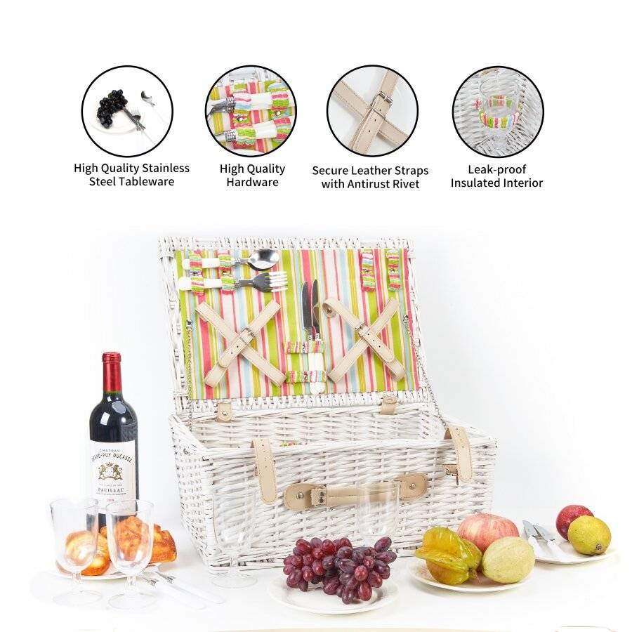 Woodluv White Wicker Antique Picnic Basket For 4 Persons With Handle