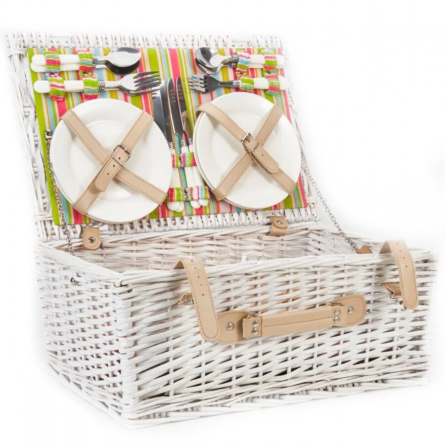 Woodluv White Wicker Antique Picnic Basket For 4 Persons With Handle