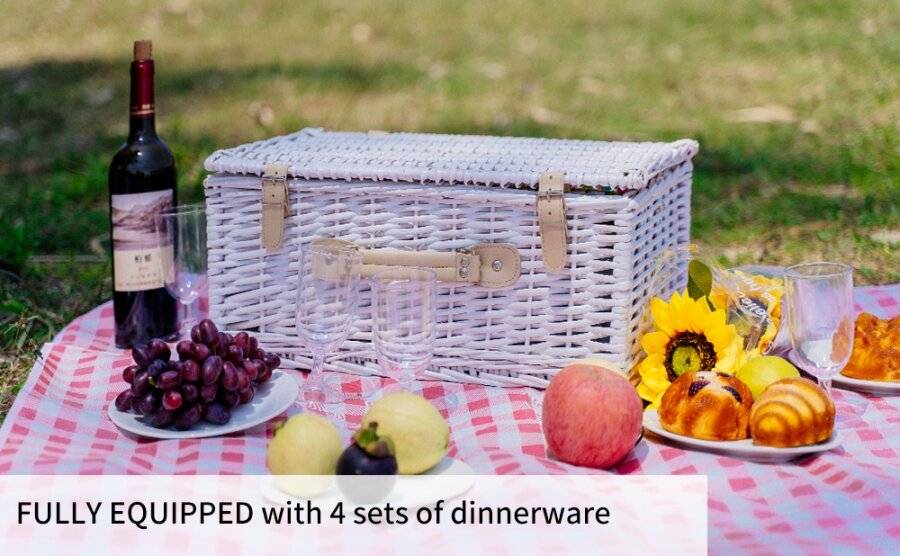 Woodluv White Wicker Antique Picnic Basket For 4 Persons With Handle