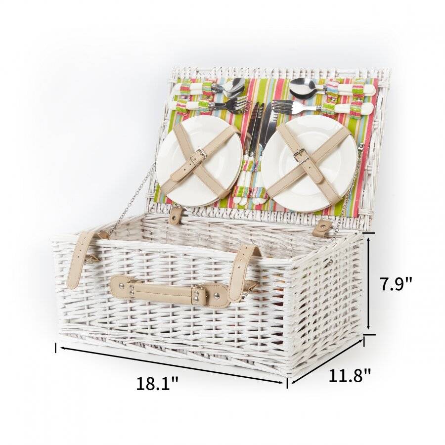 Woodluv White Wicker Antique Picnic Basket For 4 Persons With Handle