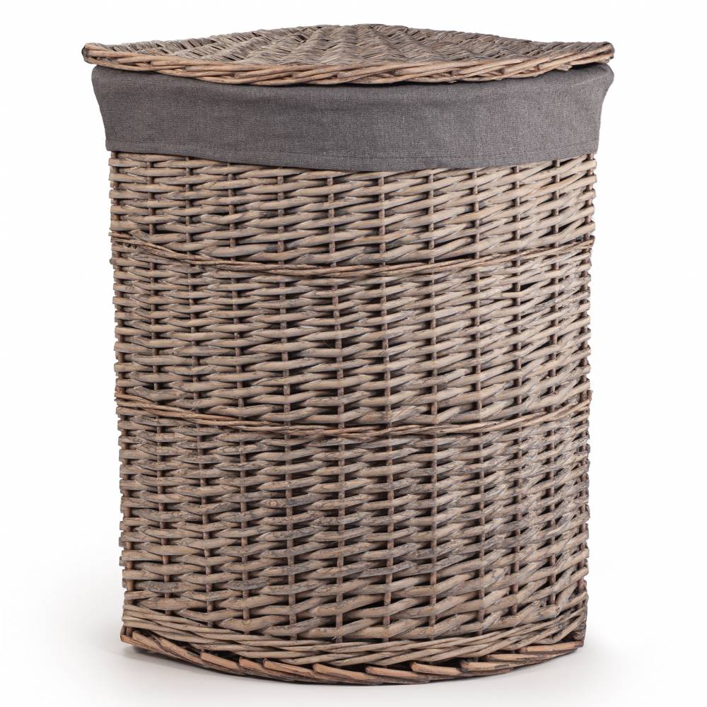 Woodluv Wicker Corner Laundry Storage Basket With Lid, Large, Grey