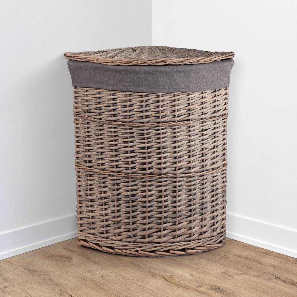 Woodluv Wicker Corner Laundry Storage Basket With Lid, Large, Grey