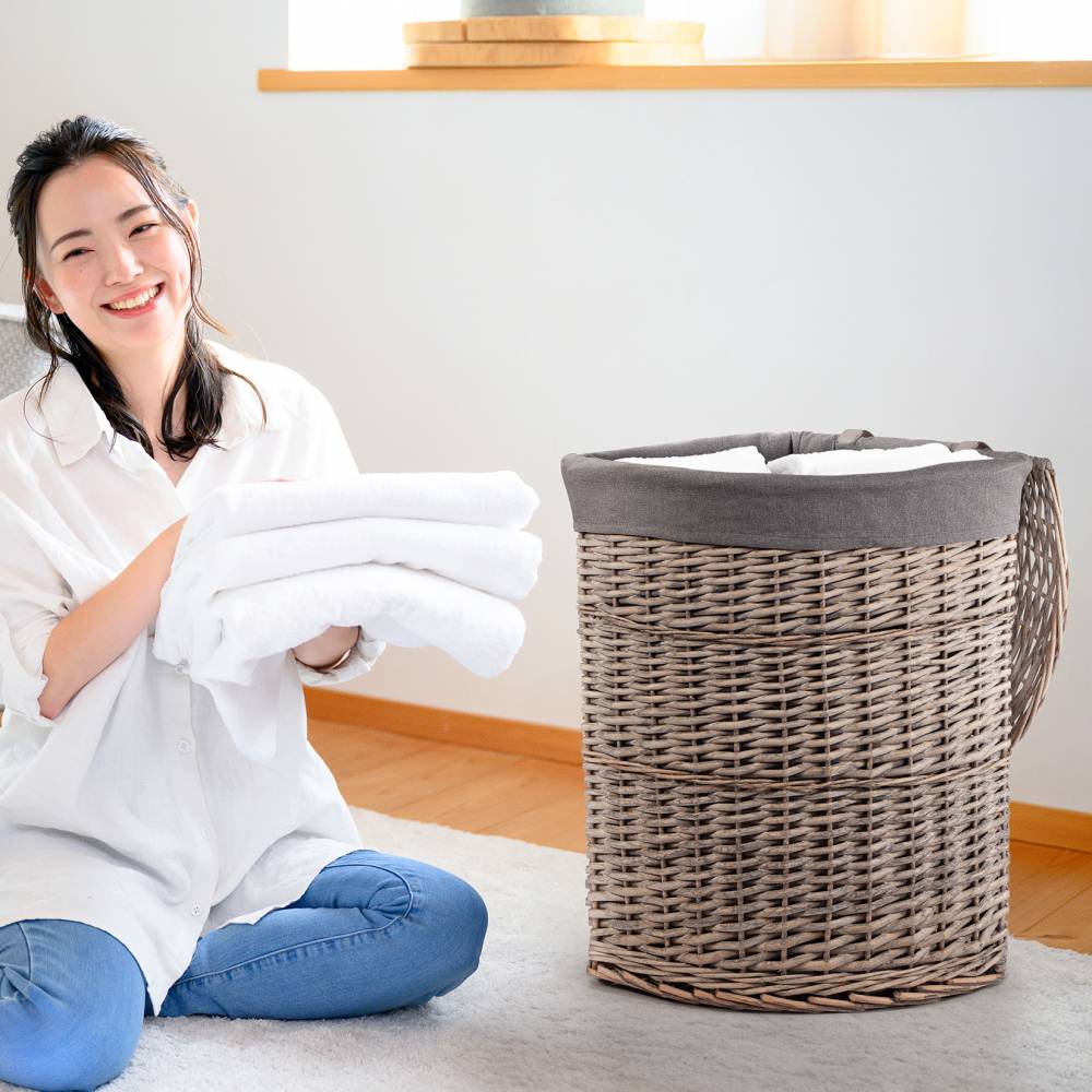 Woodluv Wicker Corner Laundry Storage Basket With Lid, Large, Grey