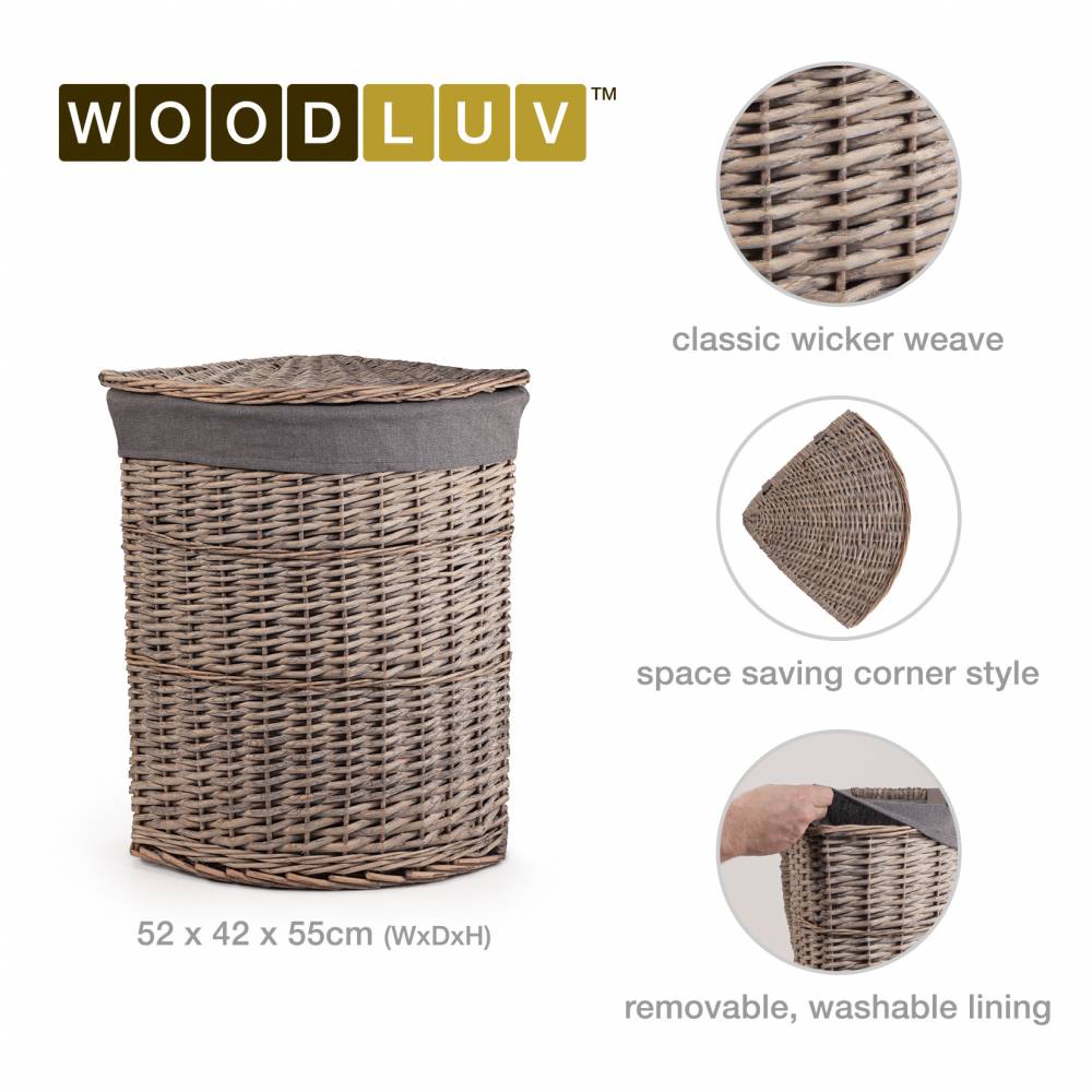 Woodluv Wicker Corner Laundry Storage Basket With Lid, Large, Grey