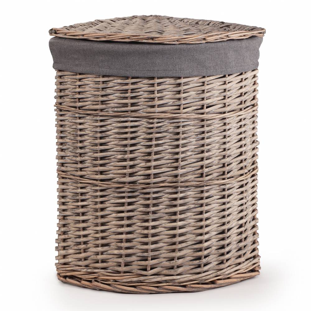 Woodluv Wicker Corner Laundry Storage Basket With Lid, Medium, Grey