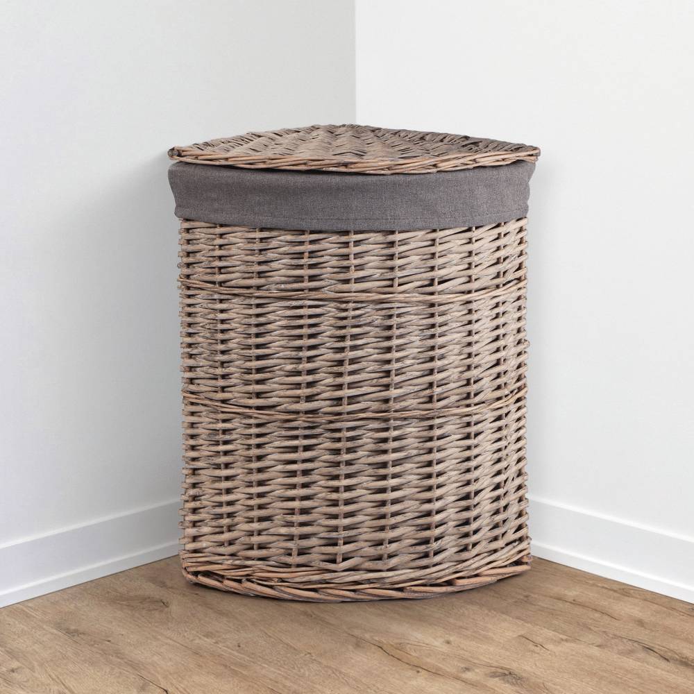 Woodluv Wicker Corner Laundry Storage Basket With Lid, Medium, Grey