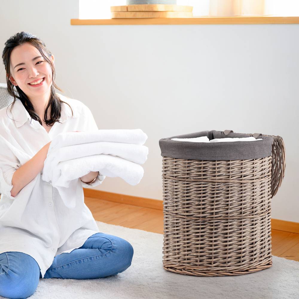 Woodluv Wicker Corner Laundry Storage Basket With Lid, Medium, Grey