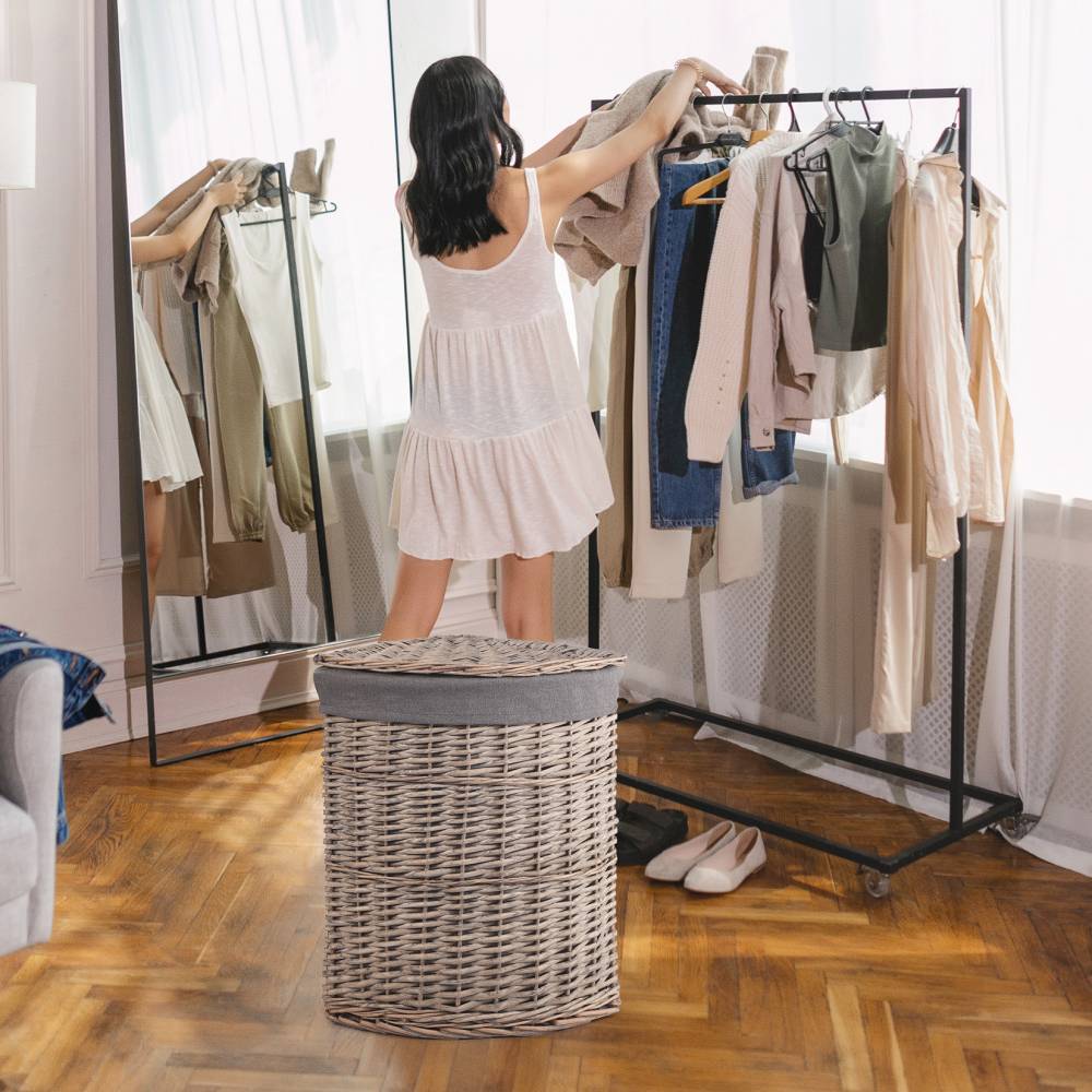 Woodluv Wicker Corner Laundry Storage Basket With Lid, Medium, Grey
