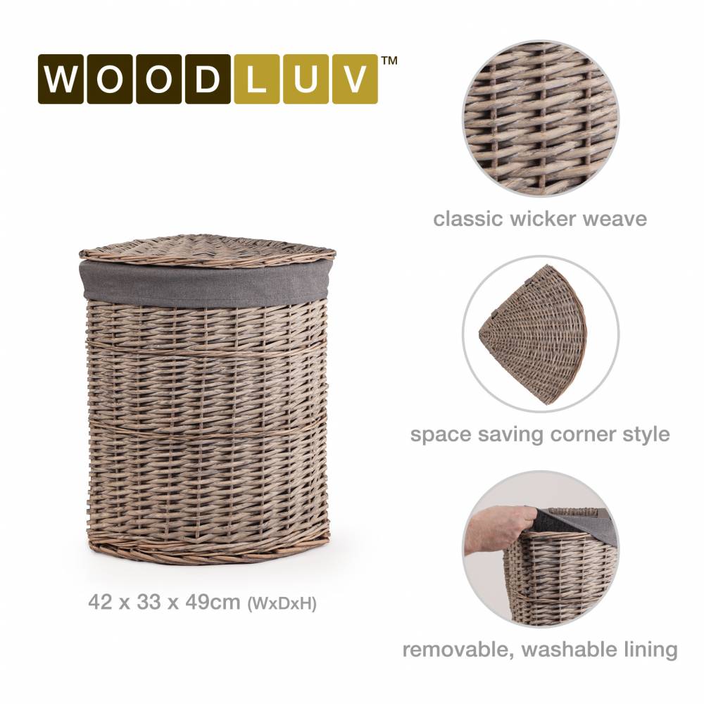 Woodluv Wicker Corner Laundry Storage Basket With Lid, Medium, Grey
