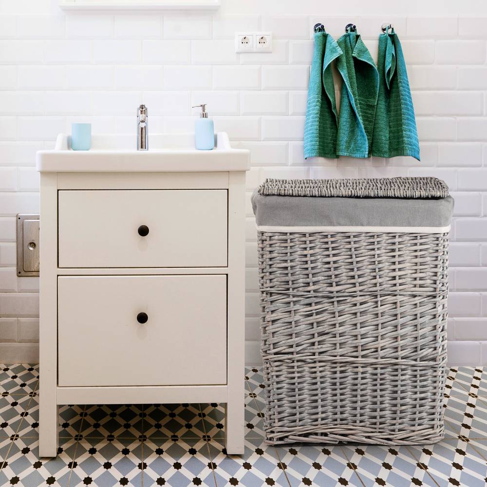 Woodluv Wicker Laundry Storage Basket with Lid, Grey, Large