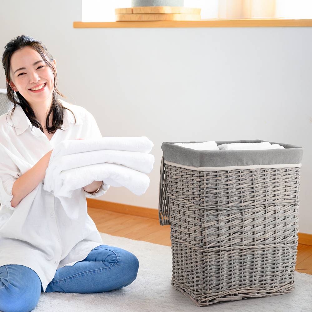 Woodluv Wicker Laundry Storage Basket with Lid, Grey, Large