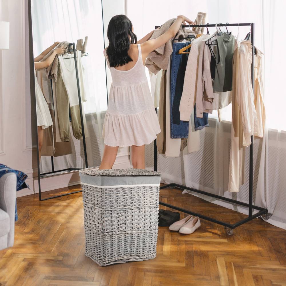 Woodluv Wicker Laundry Storage Basket with Lid, Grey, Large