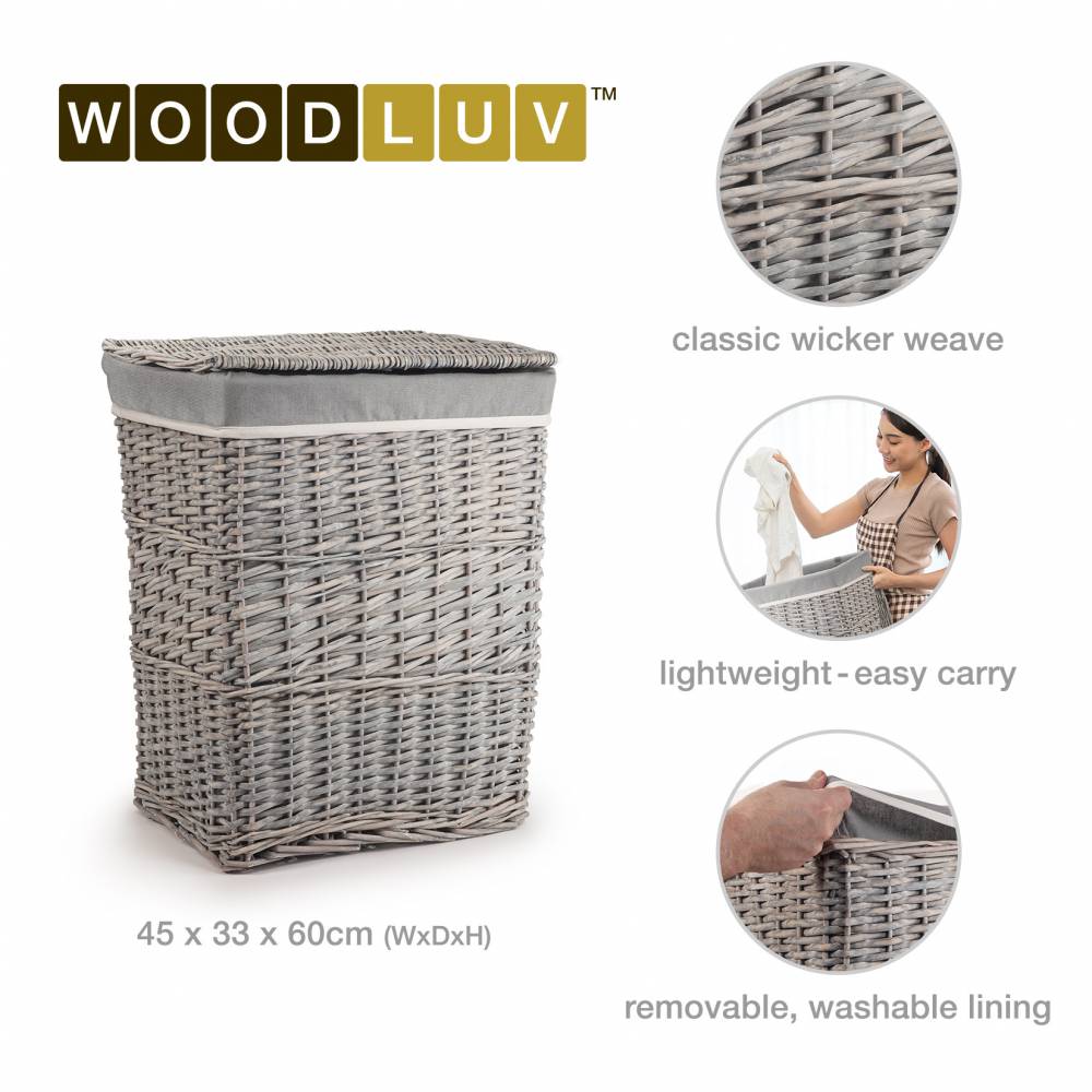 Woodluv Wicker Laundry Storage Basket with Lid, Grey, Large