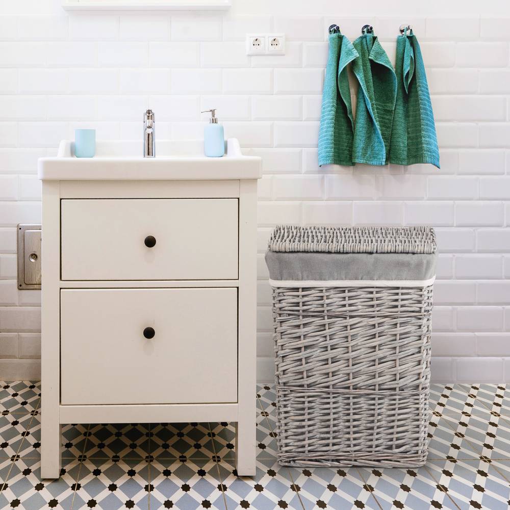 Woodluv Wicker Laundry Storage Basket with Lid, Grey, Medium