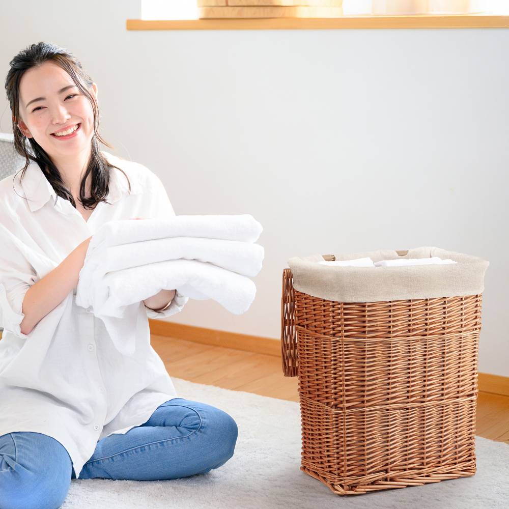 Woodluv Wicker Laundry Storage Basket with Lid, Natural - Medium