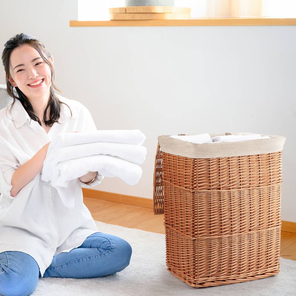 Woodluv Wicker Laundry Storage Basket with Liner, Large - Natural 