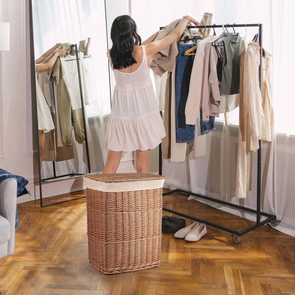 Woodluv Wicker Laundry Storage Basket with Liner, Large - Natural 