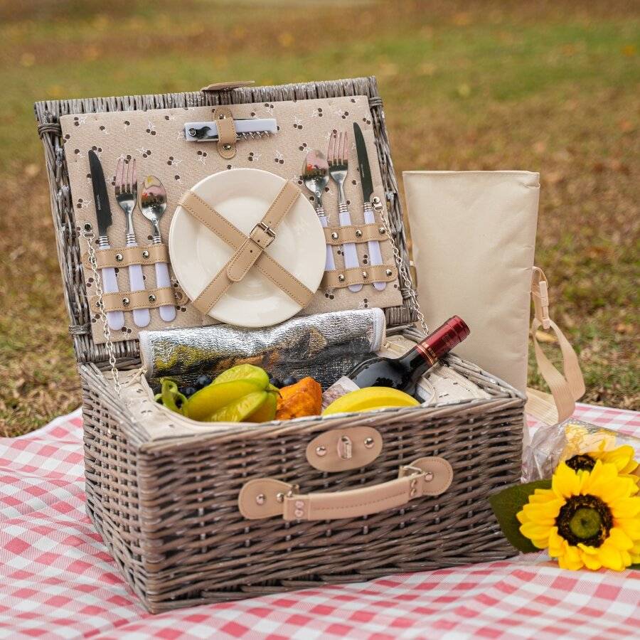 Woodluv Picnic Basket With Cooler Compartment & Bottle Cooler Bag