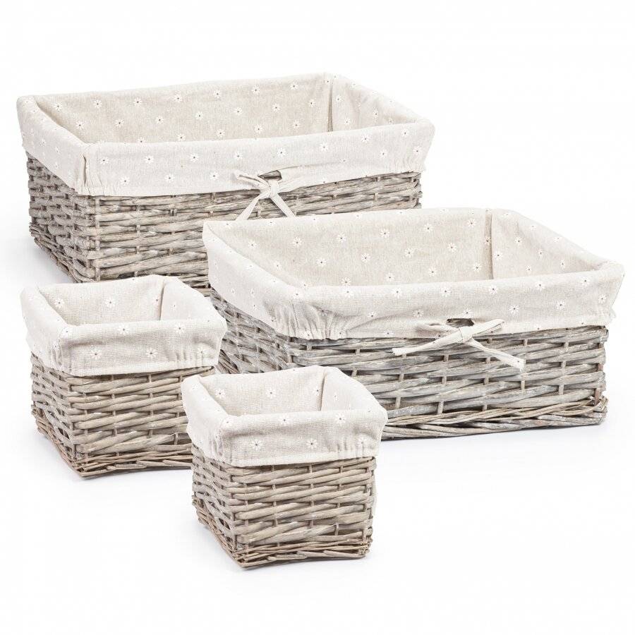 Woodluv Wicker  Set of 4 Rustic Storage Baskets - Daisy Printed Lining