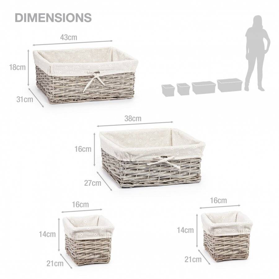 Woodluv Wicker  Set of 4 Rustic Storage Baskets - Daisy Printed Lining