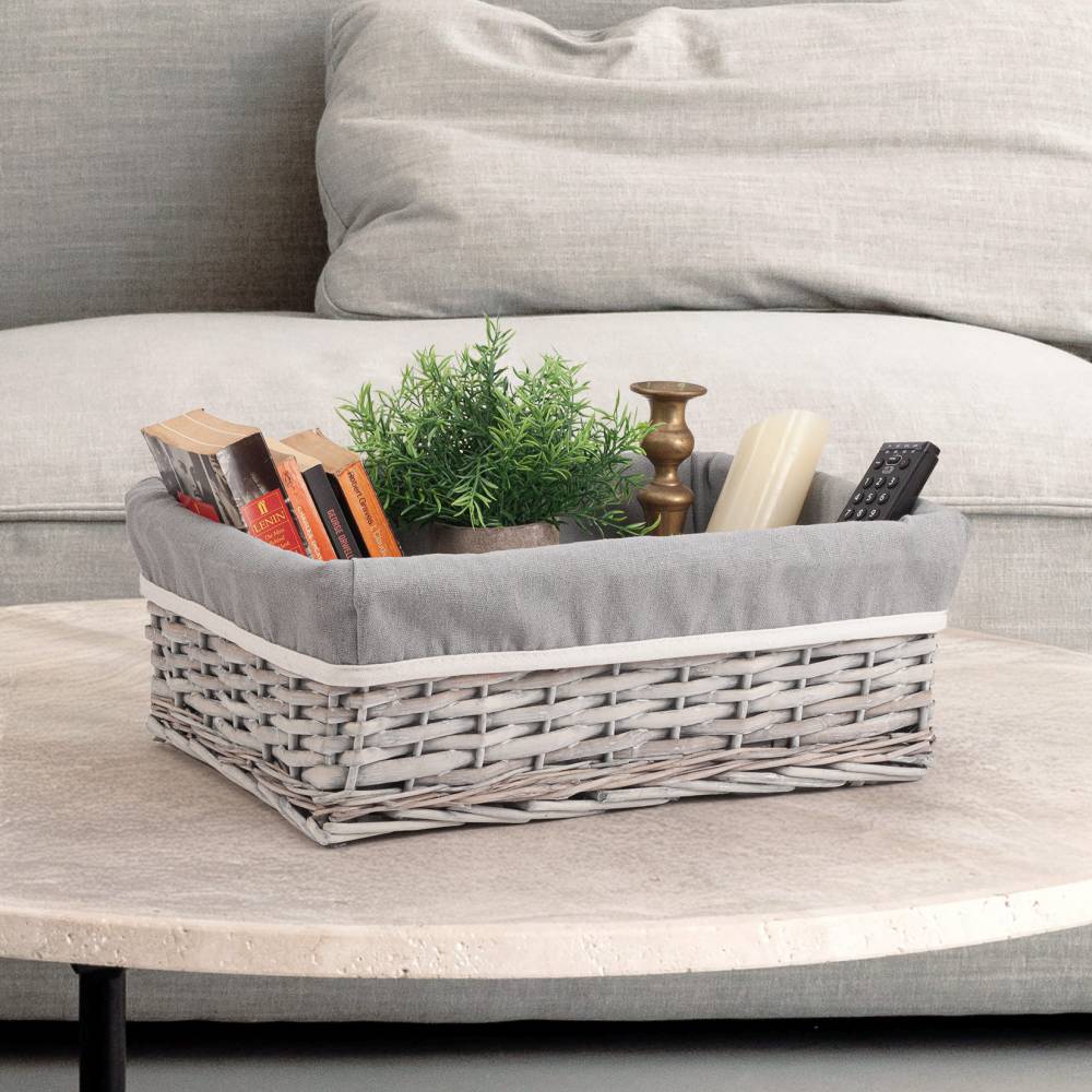 Woodluv Wicker Shelf Storage Hamper Basket With Liner, Large, Grey