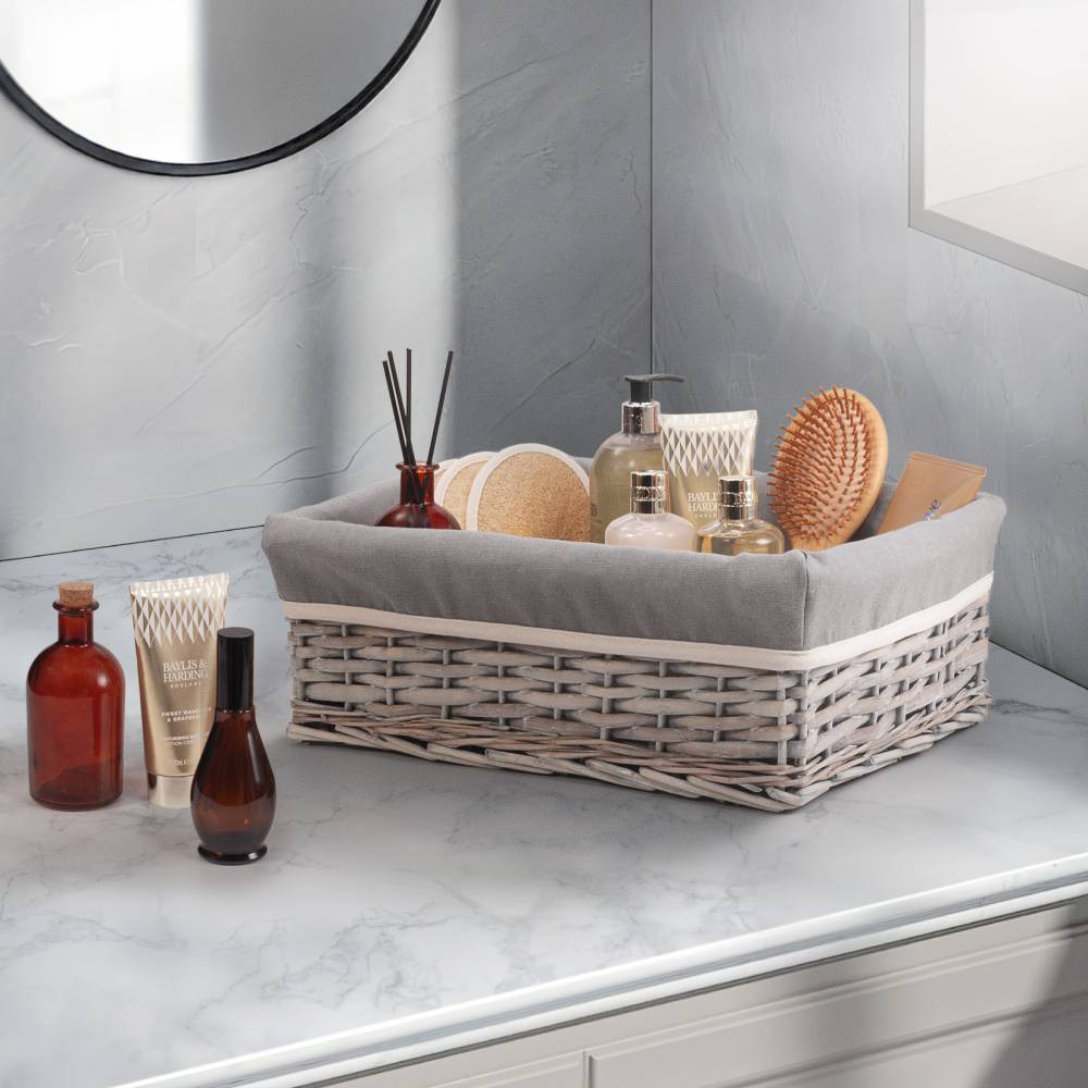 Woodluv Wicker Shelf Storage Hamper Basket With Liner, Large, Grey