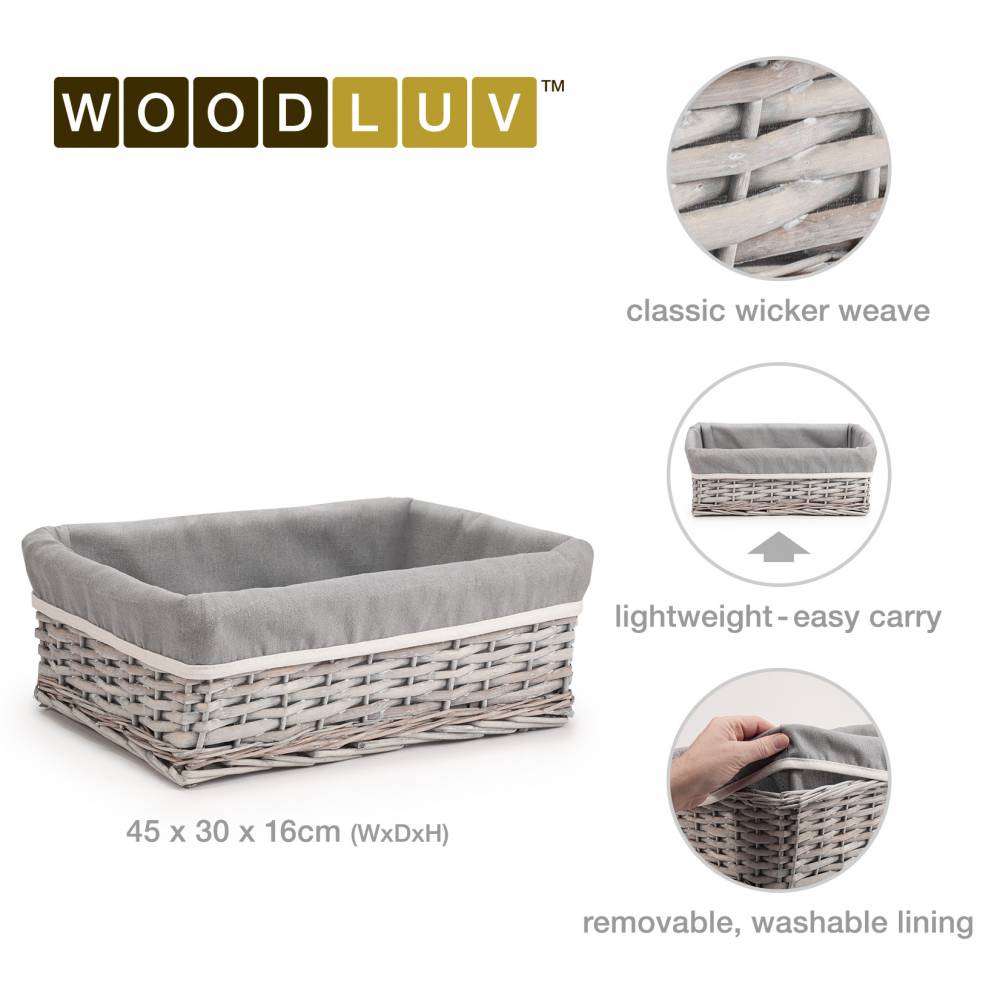 Woodluv Wicker Shelf Storage Hamper Basket With Liner, Large, Grey