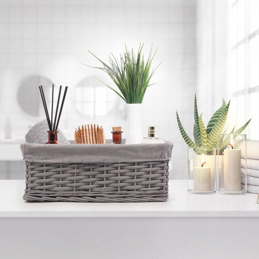 Woodluv Wicker Shelf Storage Hamper Basket With Liner, Large, Grey