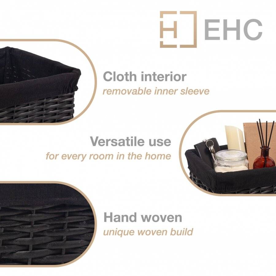 Woodluv Wicker Shelf Storage Hamper Basket With Liner, Medium, Black