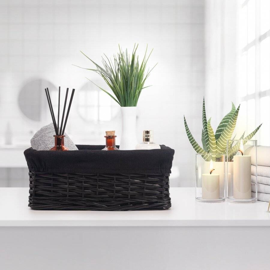Woodluv Wicker Shelf Storage Hamper Basket With Liner, Medium, Black