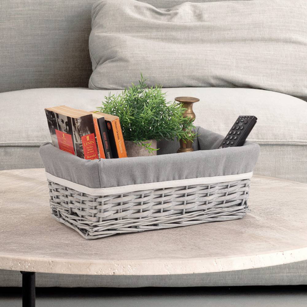 Woodluv Wicker Shelf Storage Hamper Basket With Liner, Medium, Grey