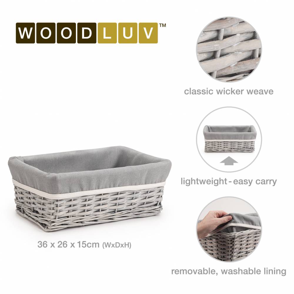 Woodluv Wicker Shelf Storage Hamper Basket With Liner, Medium, Grey
