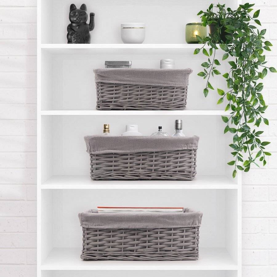 Woodluv Wicker Shelf Storage Hamper Basket With Liner, Medium, Grey