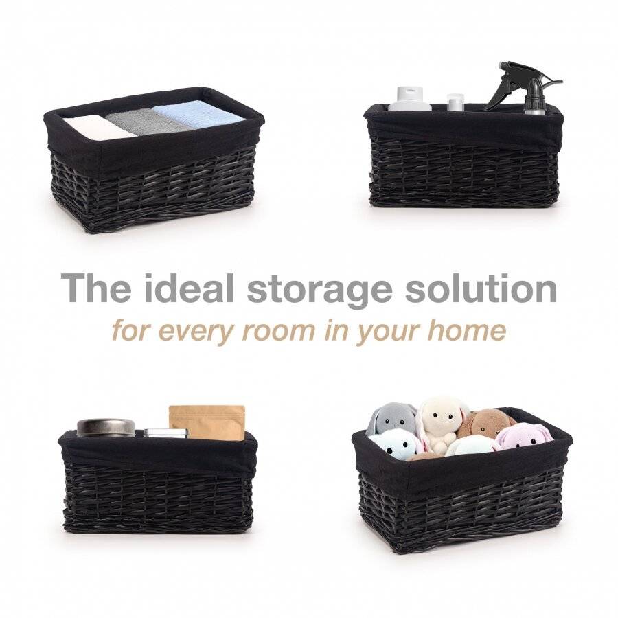 Woodluv Wicker Shelf Storage Hamper Basket With Liner, Small, Black