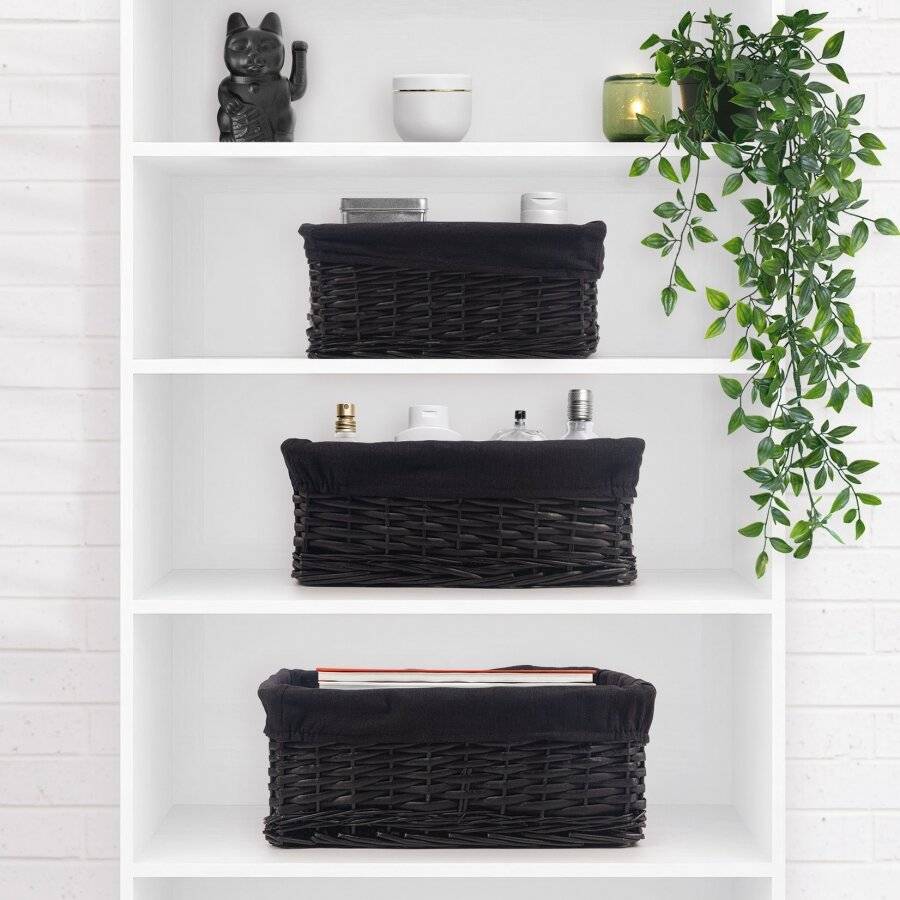 Woodluv Wicker Shelf Storage Hamper Basket With Liner, Small, Black