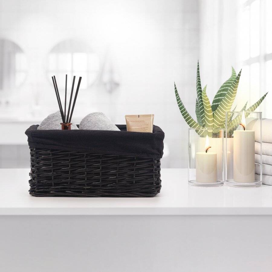 Woodluv Wicker Shelf Storage Hamper Basket With Liner, Small, Black