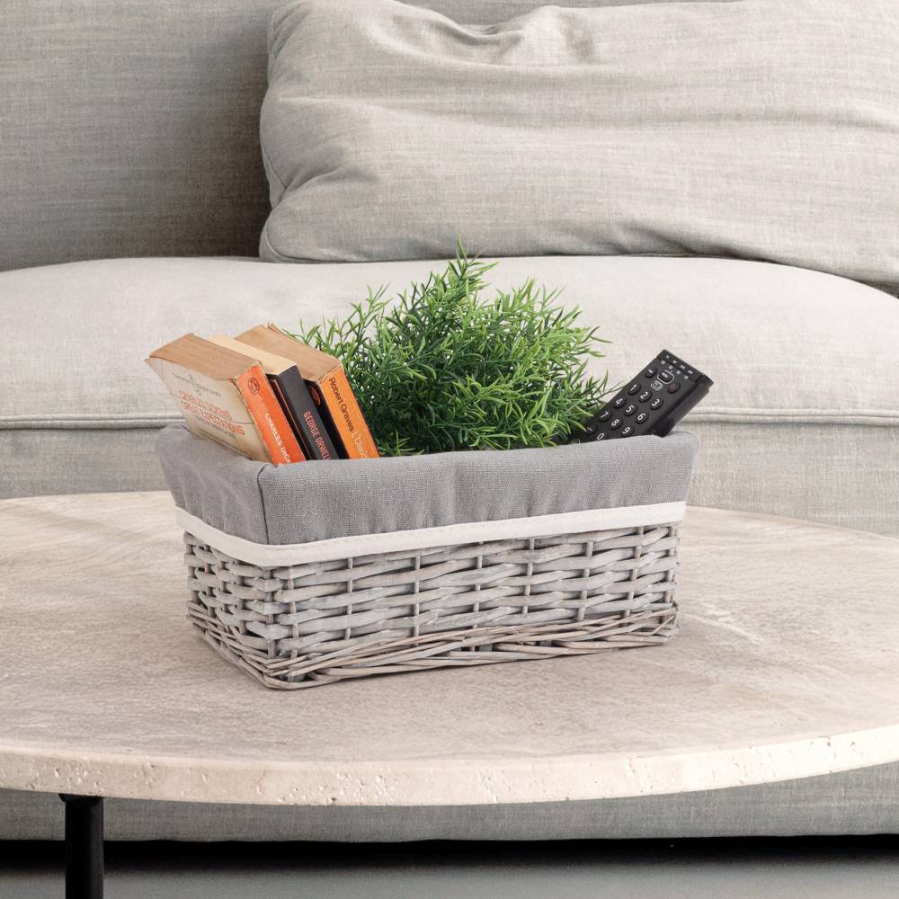Woodluv Wicker Shelf Storage Hamper Basket With Liner, Small, Grey