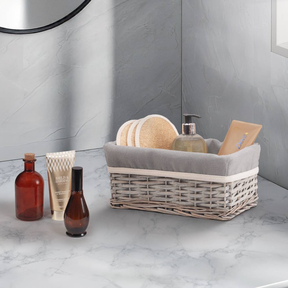 Woodluv Wicker Shelf Storage Hamper Basket With Liner, Small, Grey