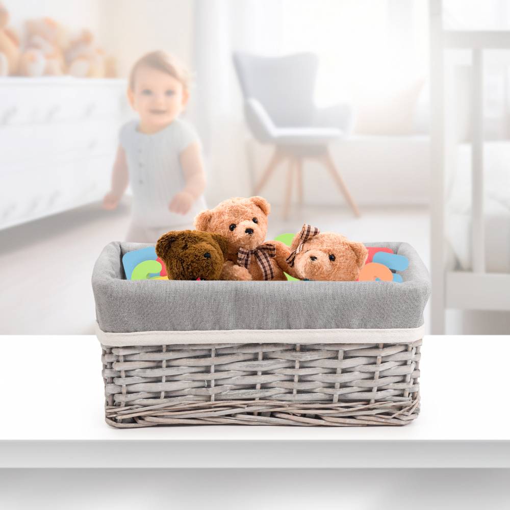 Woodluv Wicker Shelf Storage Hamper Basket With Liner, Small, Grey