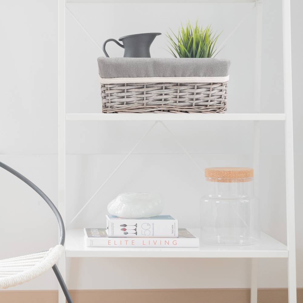 Woodluv Wicker Shelf Storage Hamper Basket With Liner, Small, Grey